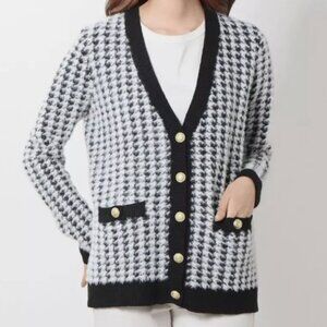 Tahari Eyelash Fringe Soft Houndstooth Cardigan Sweater Black/White Size Medium